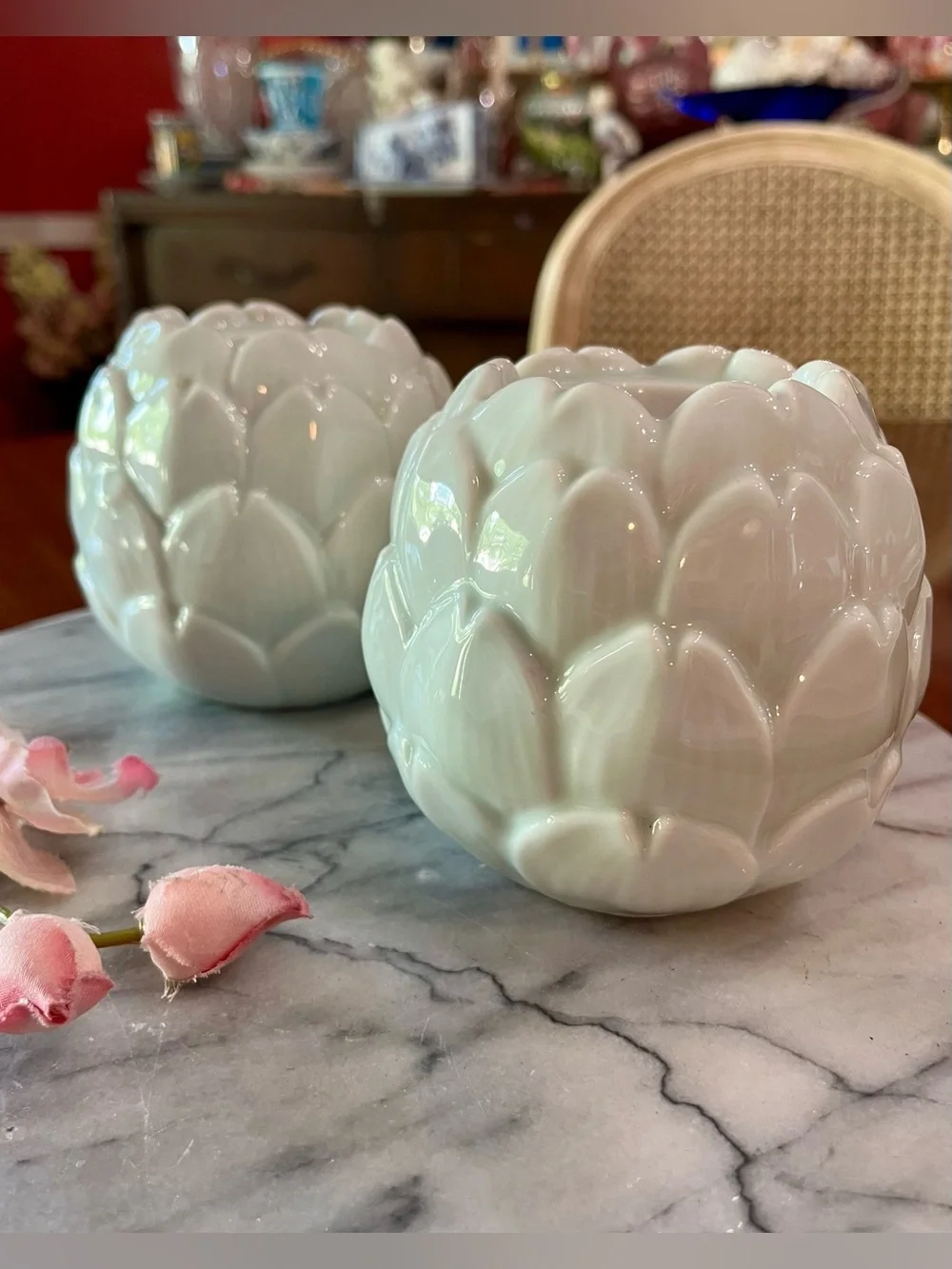 Pair Celadon Green Ceramic Artichoke Taper Candle Holders & Candles -VTG Style